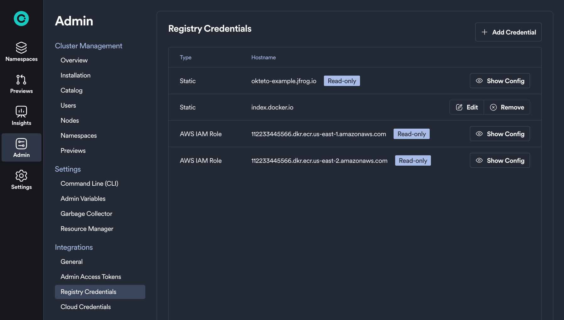 Registry credentials admin view